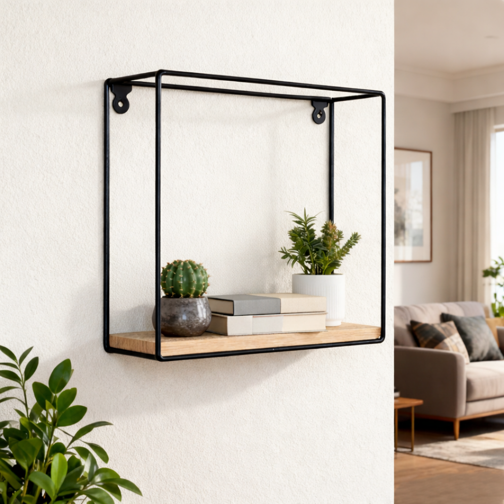 Wall-mounted shelf with books and plants in a living room setting