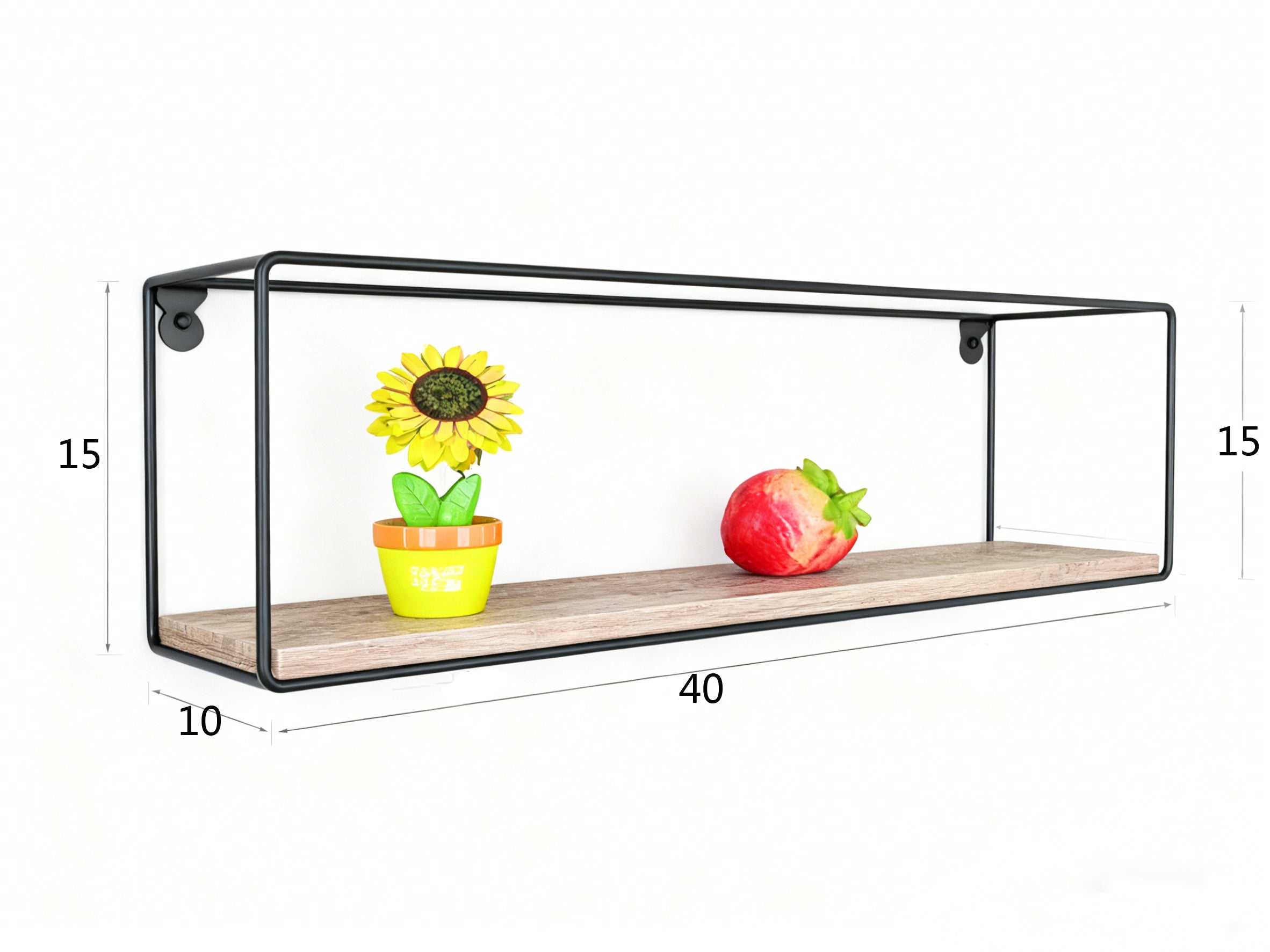 Wooden shelf with glass front, decorative items, and dimensions on a white background