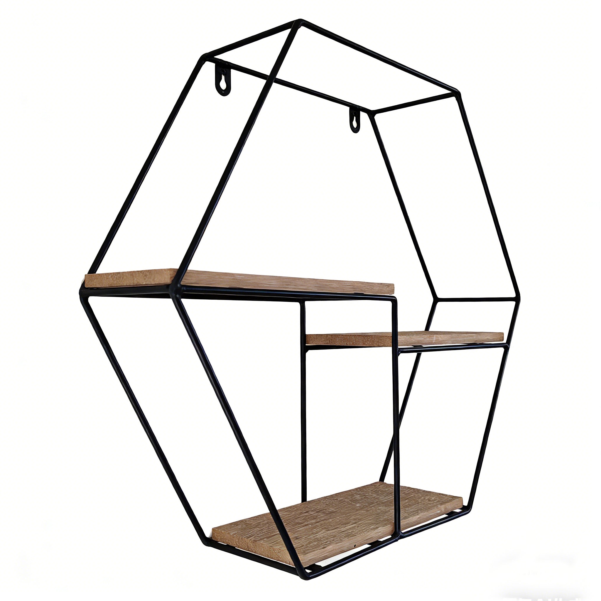 Hexagonal metal shelf with wooden shelves on a white background