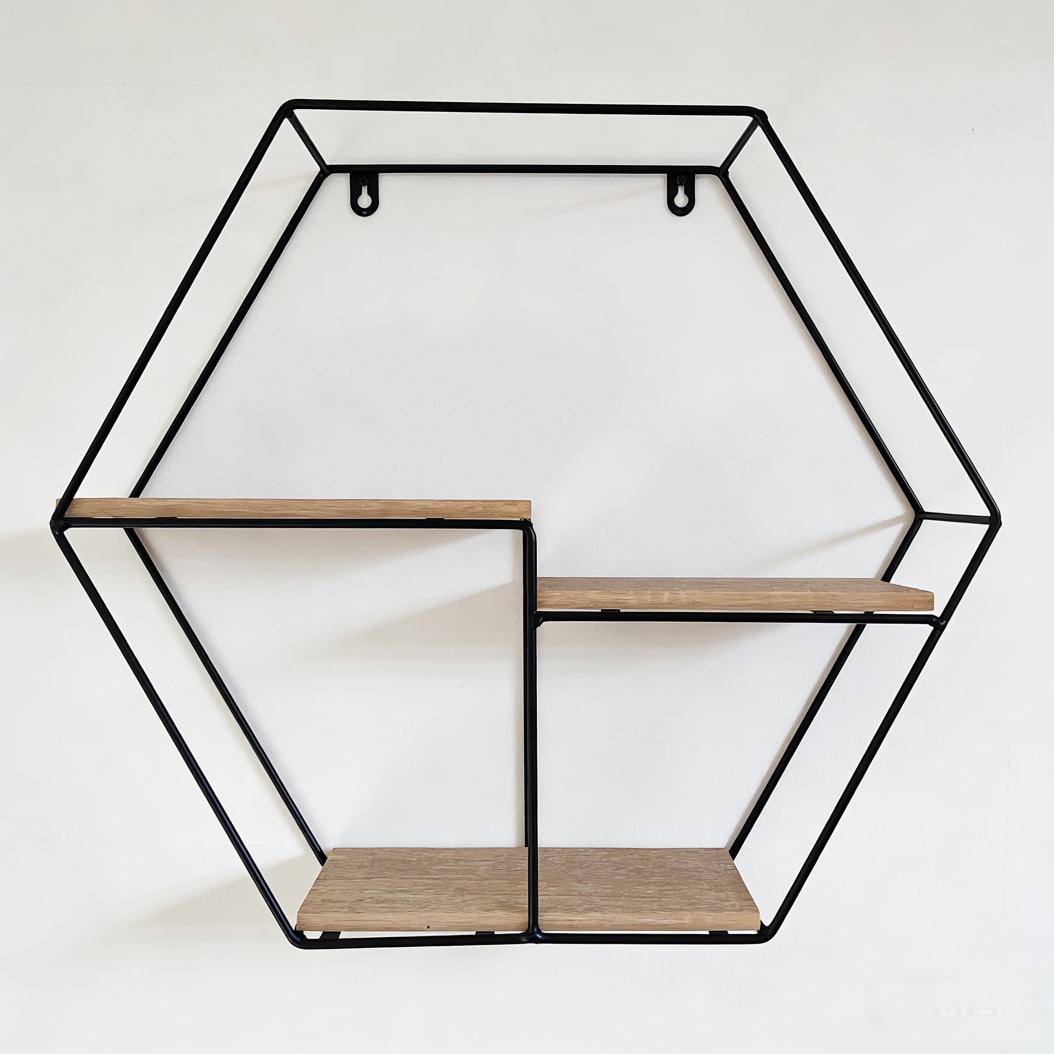 Hexagonal wall shelf with wooden shelves on a white background