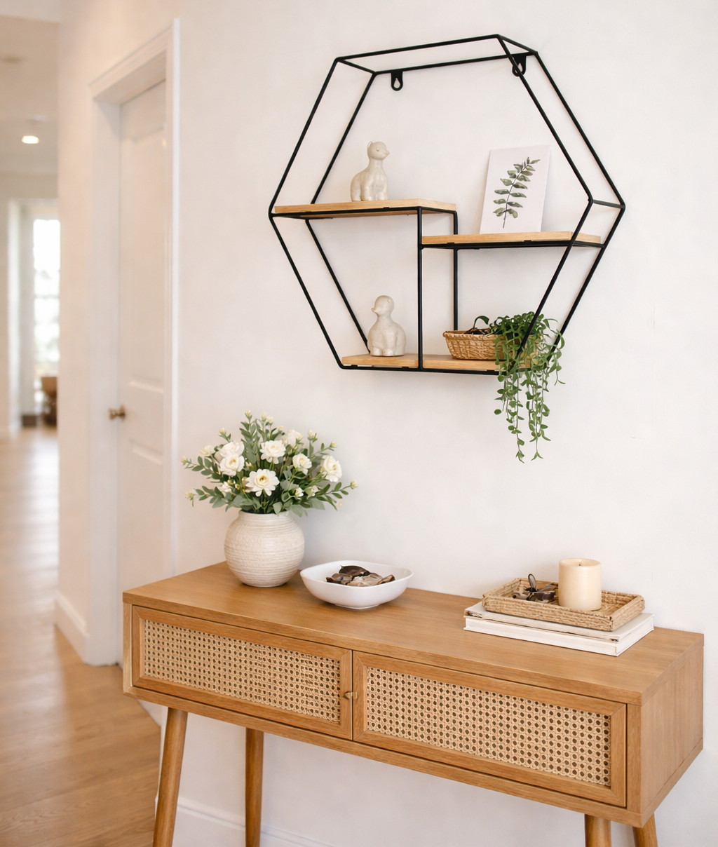 Wooden console table with decorative items and a hexagonal wall shelf in a bright room.