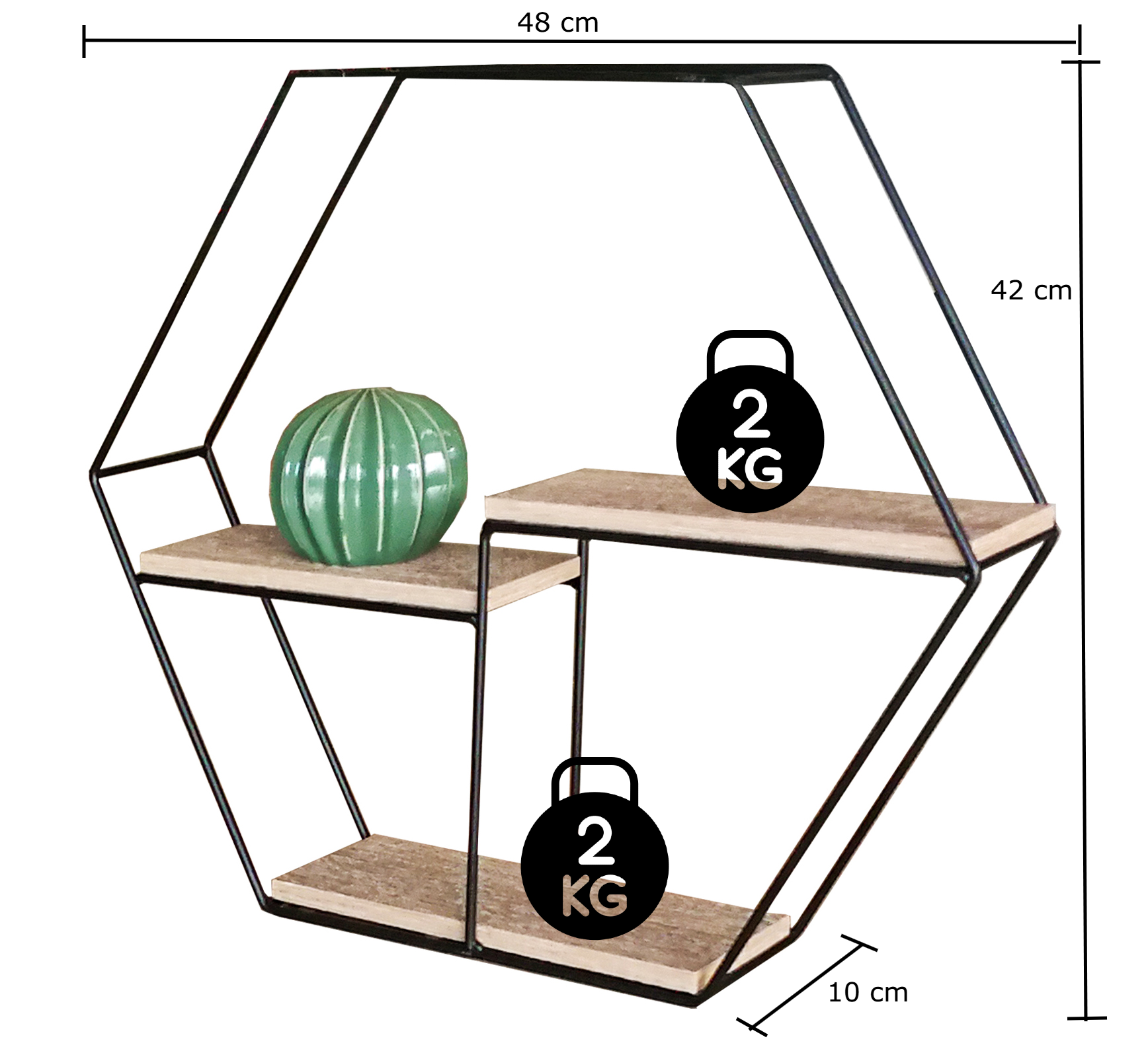 Hexagonal shelf with wooden shelves and metal frame, showing dimensions and weight labels.