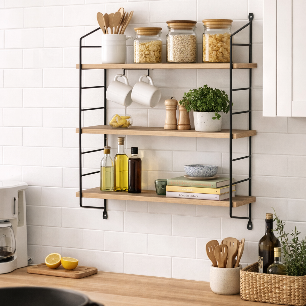 Kitchen with wooden shelves, jars, and cookware against a white tiled wall.