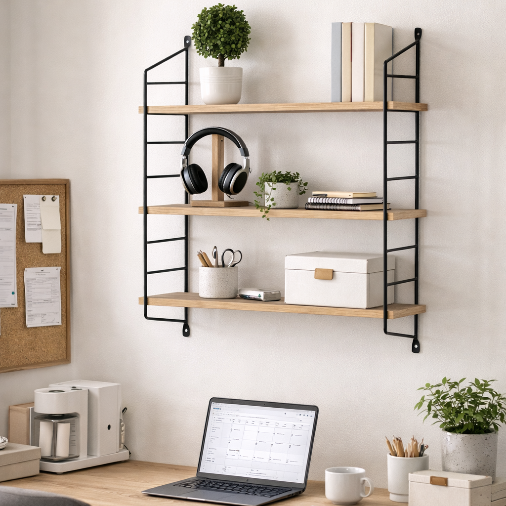 Home office setup with a desk, laptop, and shelves on a white wall.