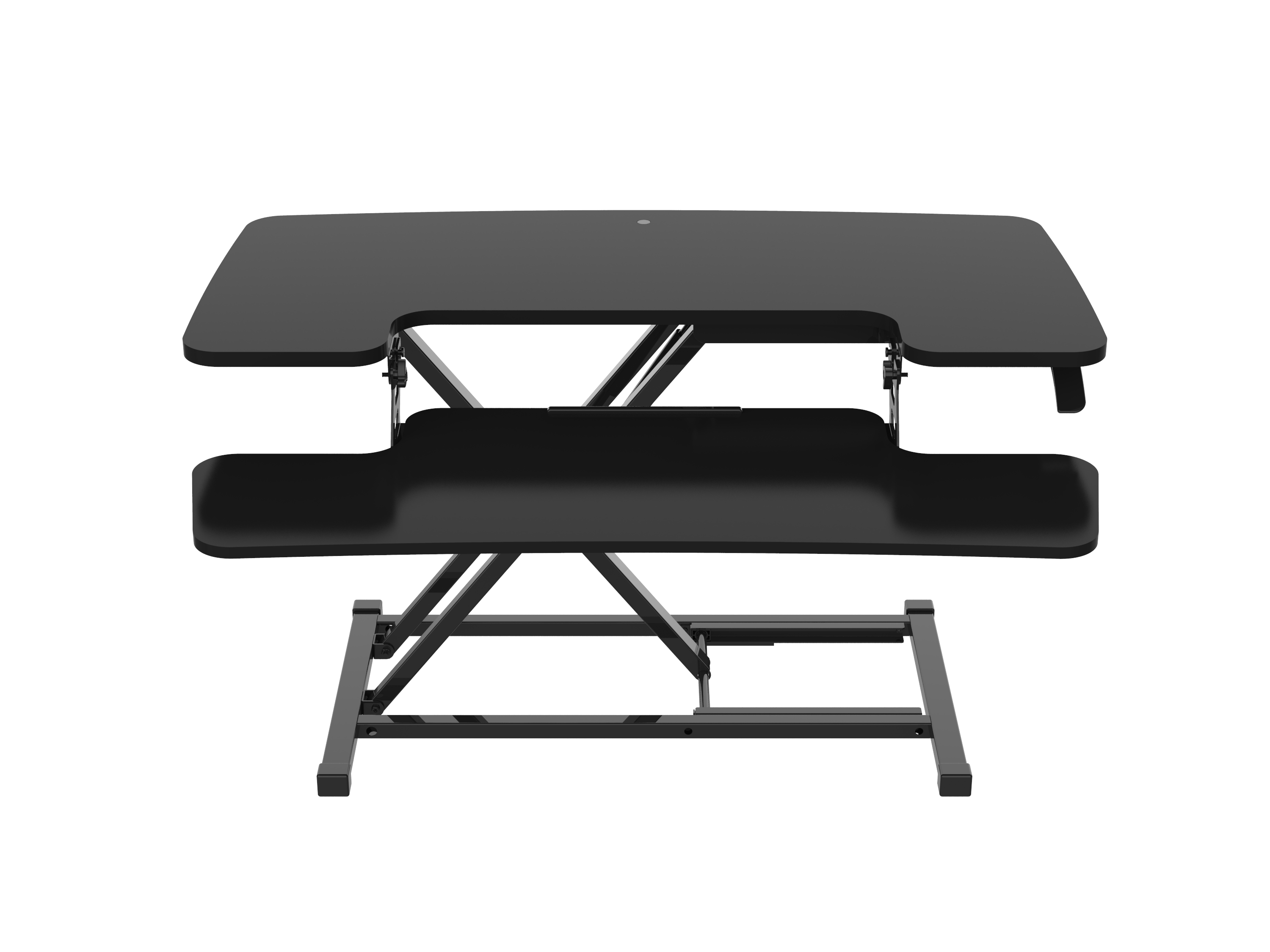 Black adjustable standing desk on a white background