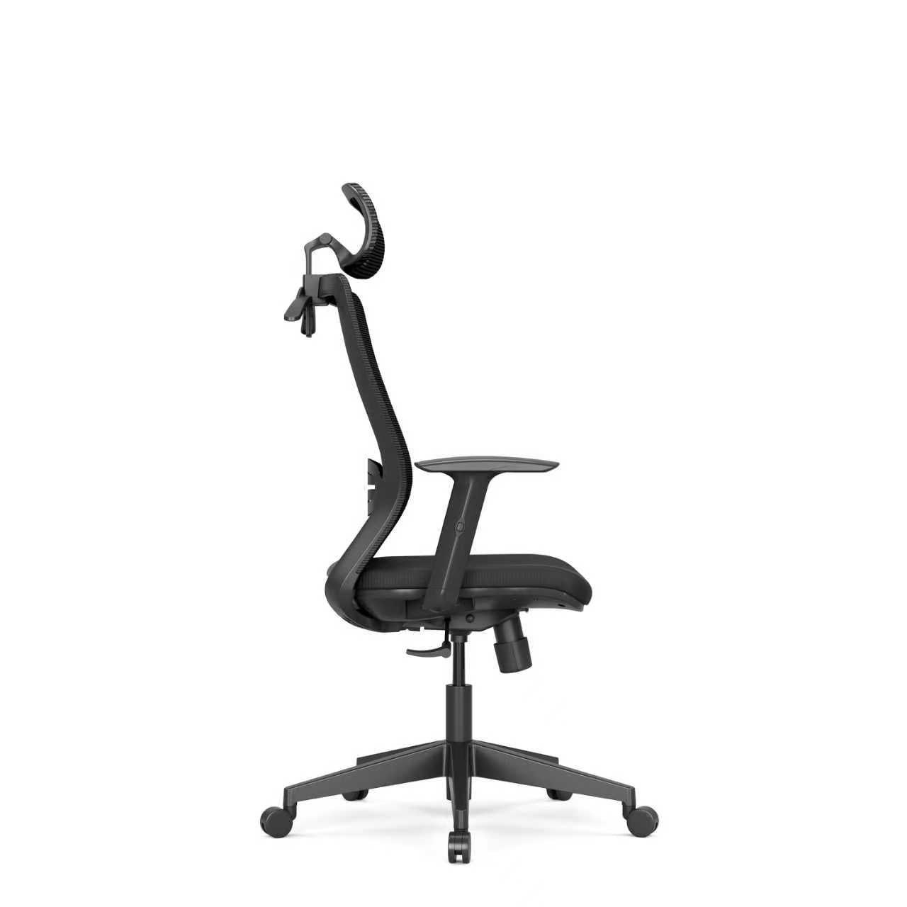 Black office chair with adjustable armrests on a white background
