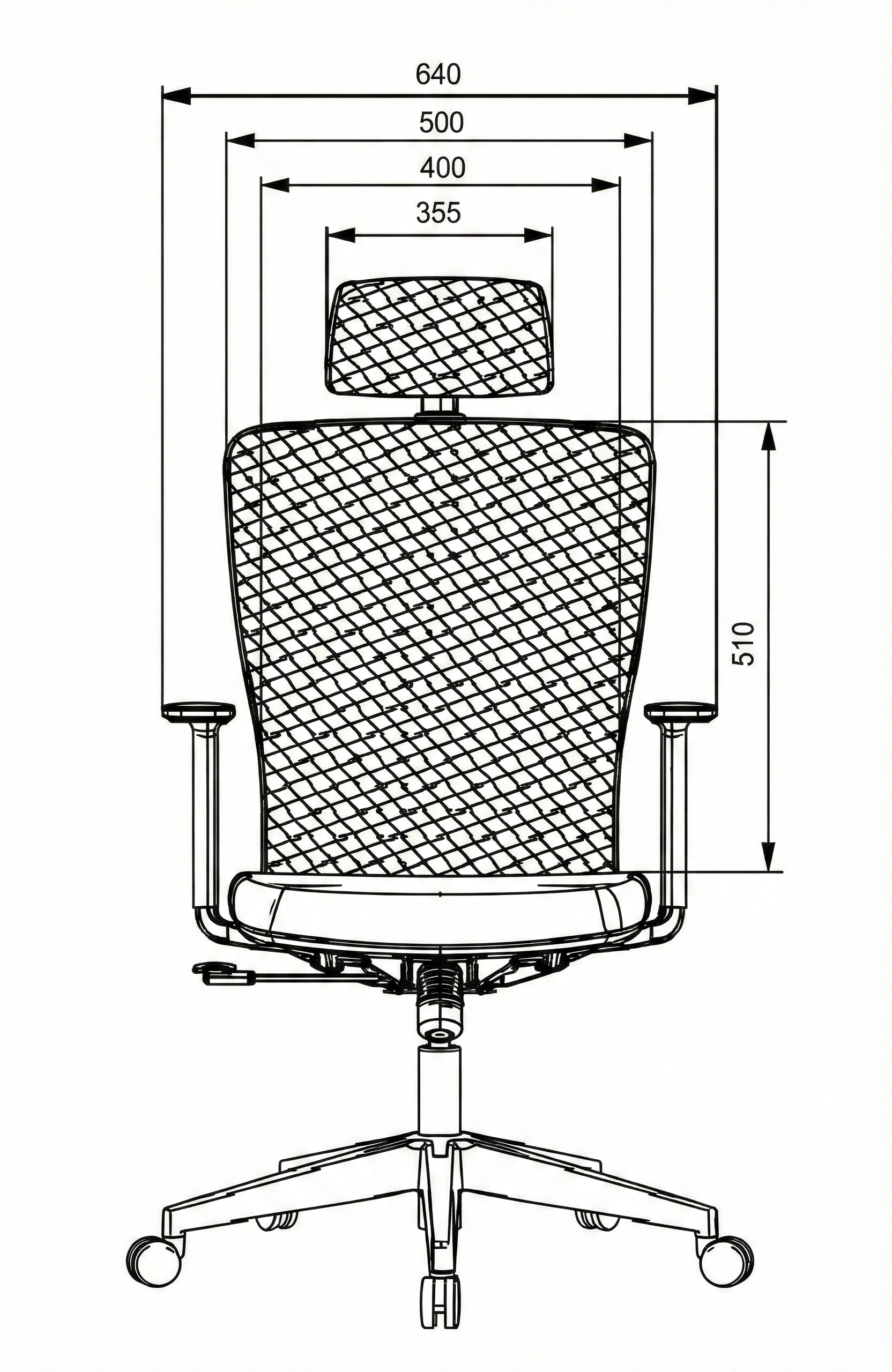 Technical drawing of an office chair with dimensions