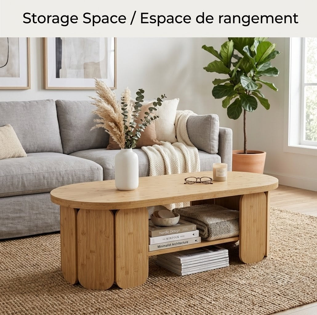 Zynix Oval Coffee Table with Lower Shelf, Natural Bamboo Finish