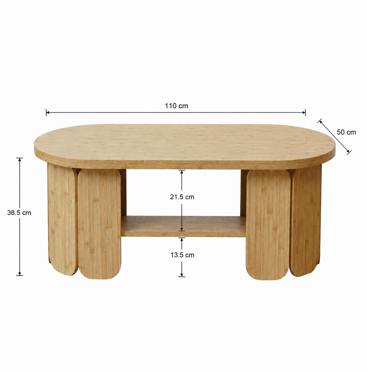 Zynix Oval Coffee Table with Lower Shelf, Natural Bamboo Finish