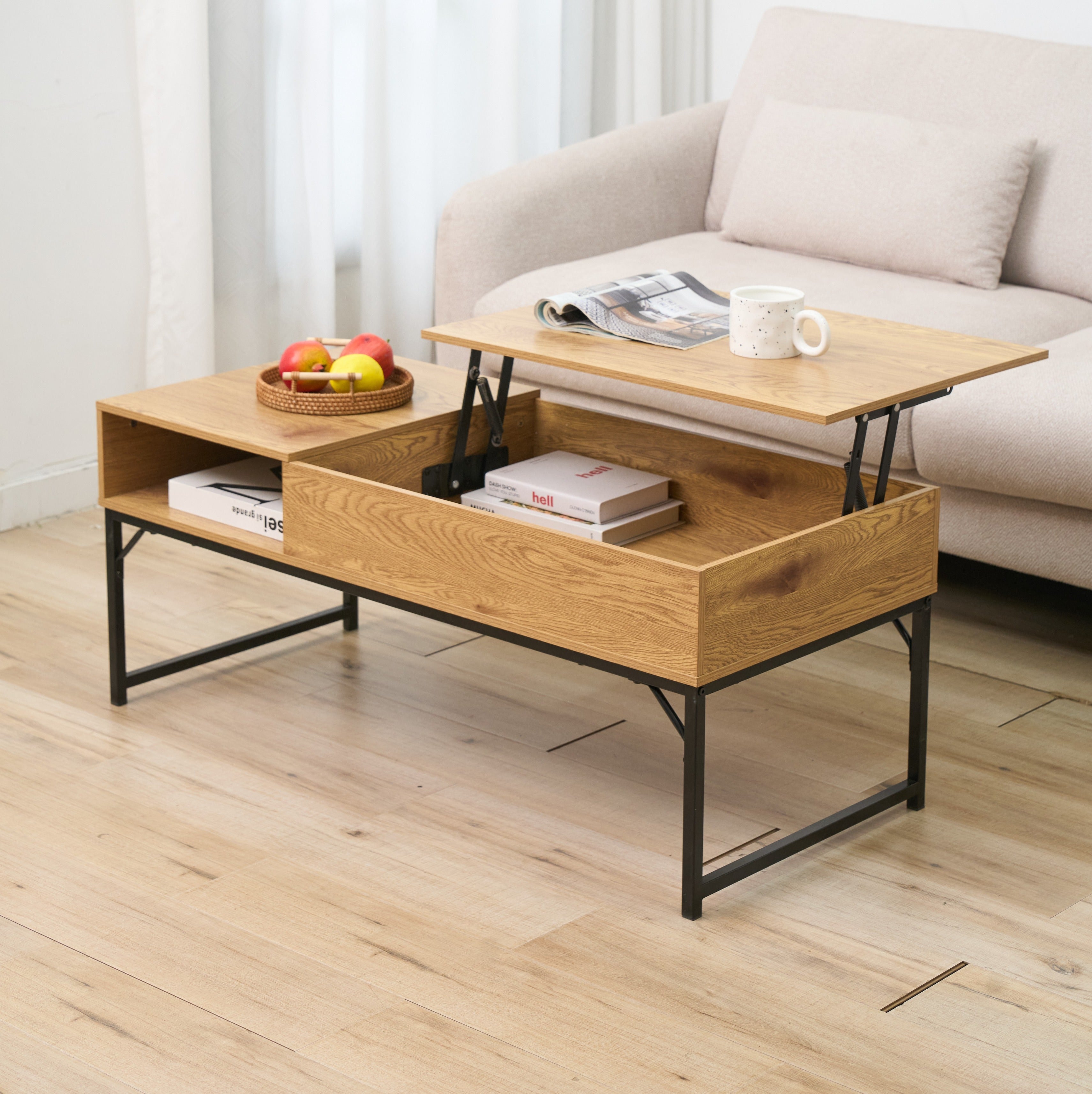 Light Oak Lift-Top Coffee Table with Hidden Storage Shelf