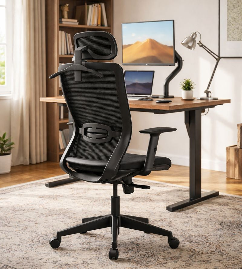 Black ergonomic chair in a home office setting with a desk and computer setup.