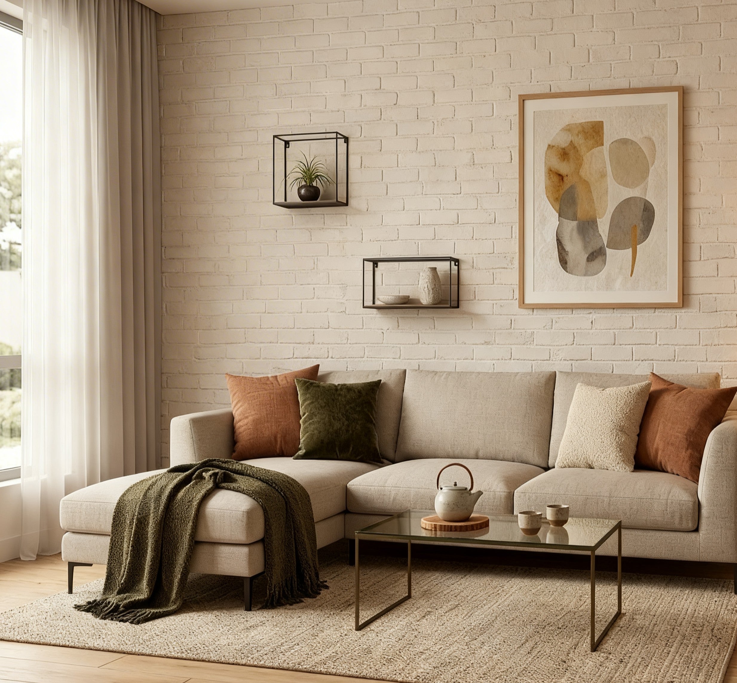Living room with a beige sectional sofa, decorative pillows, and a coffee table.