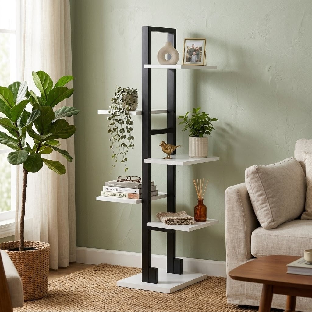 Modern bookshelf with decorative items in a living room setting