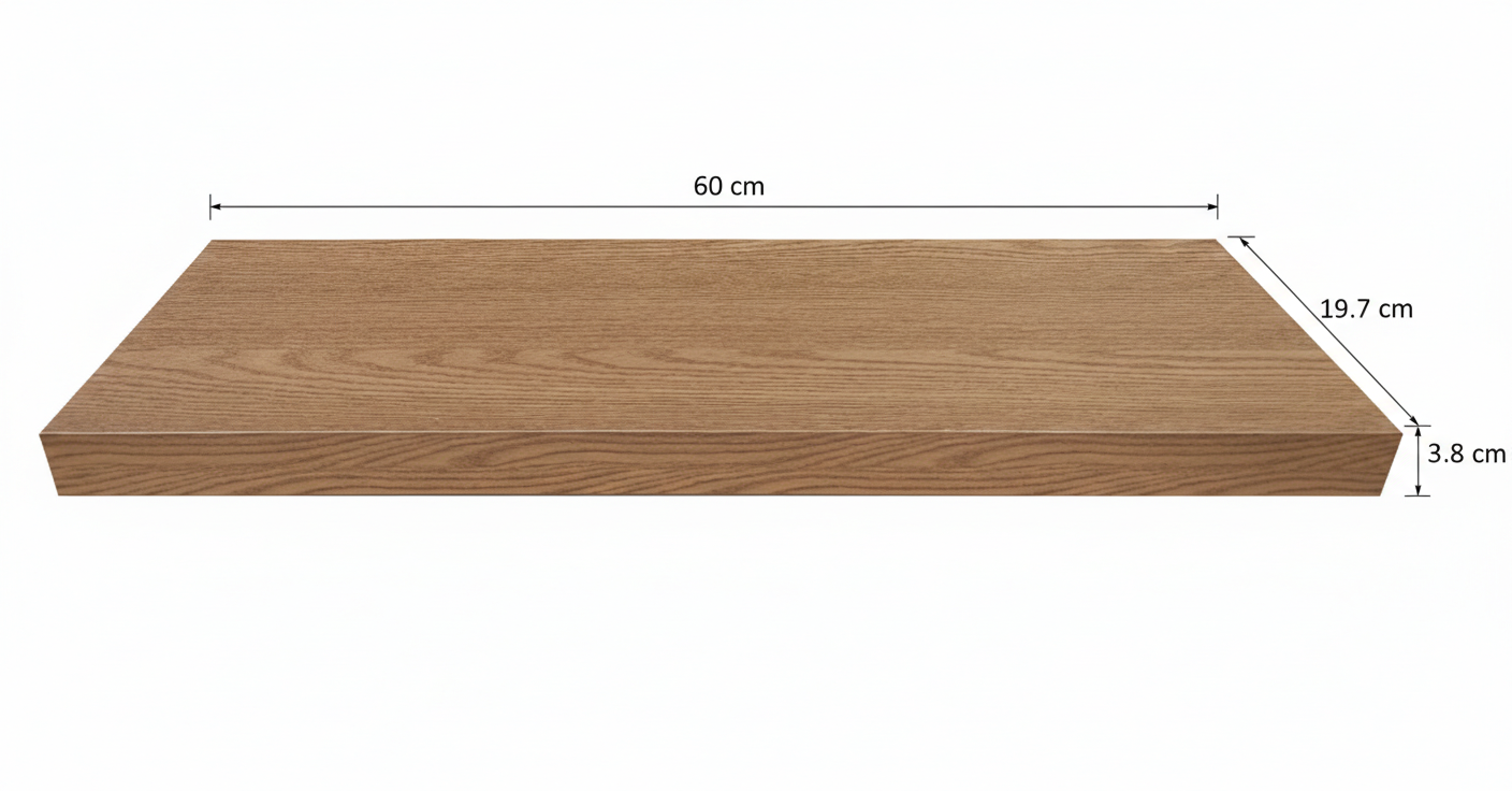 Wooden shelf with dimensions labeled on a white background