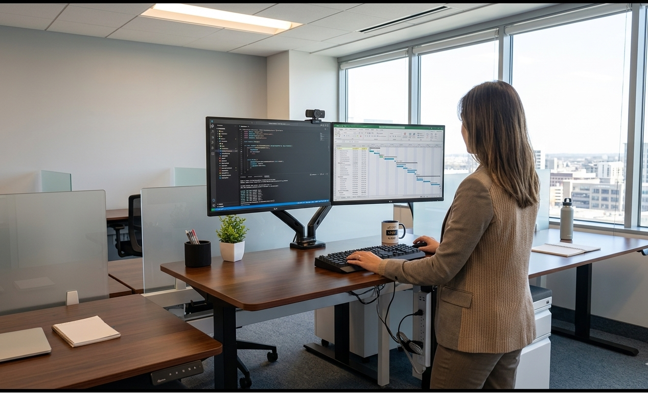 Person working at a standing desk with multiple monitors in an office setting.
