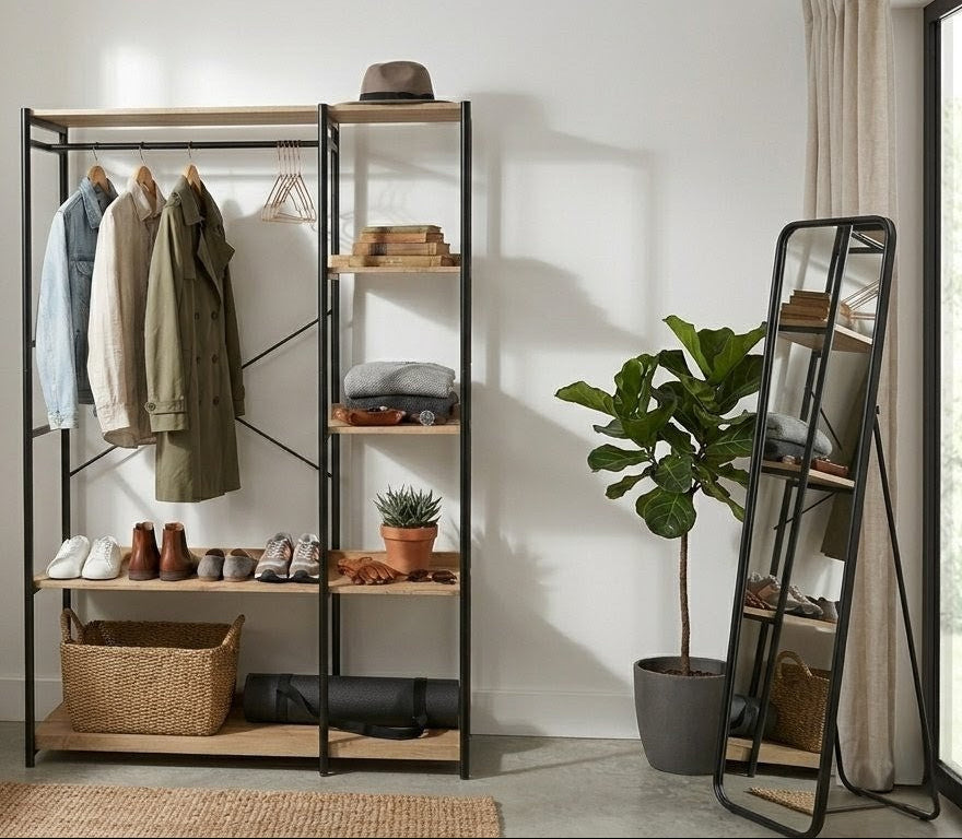 Zynix Light Oak Garment Rack with 4 Shelves