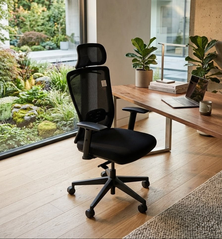 Black office chair in a modern home office with a desk and plants.