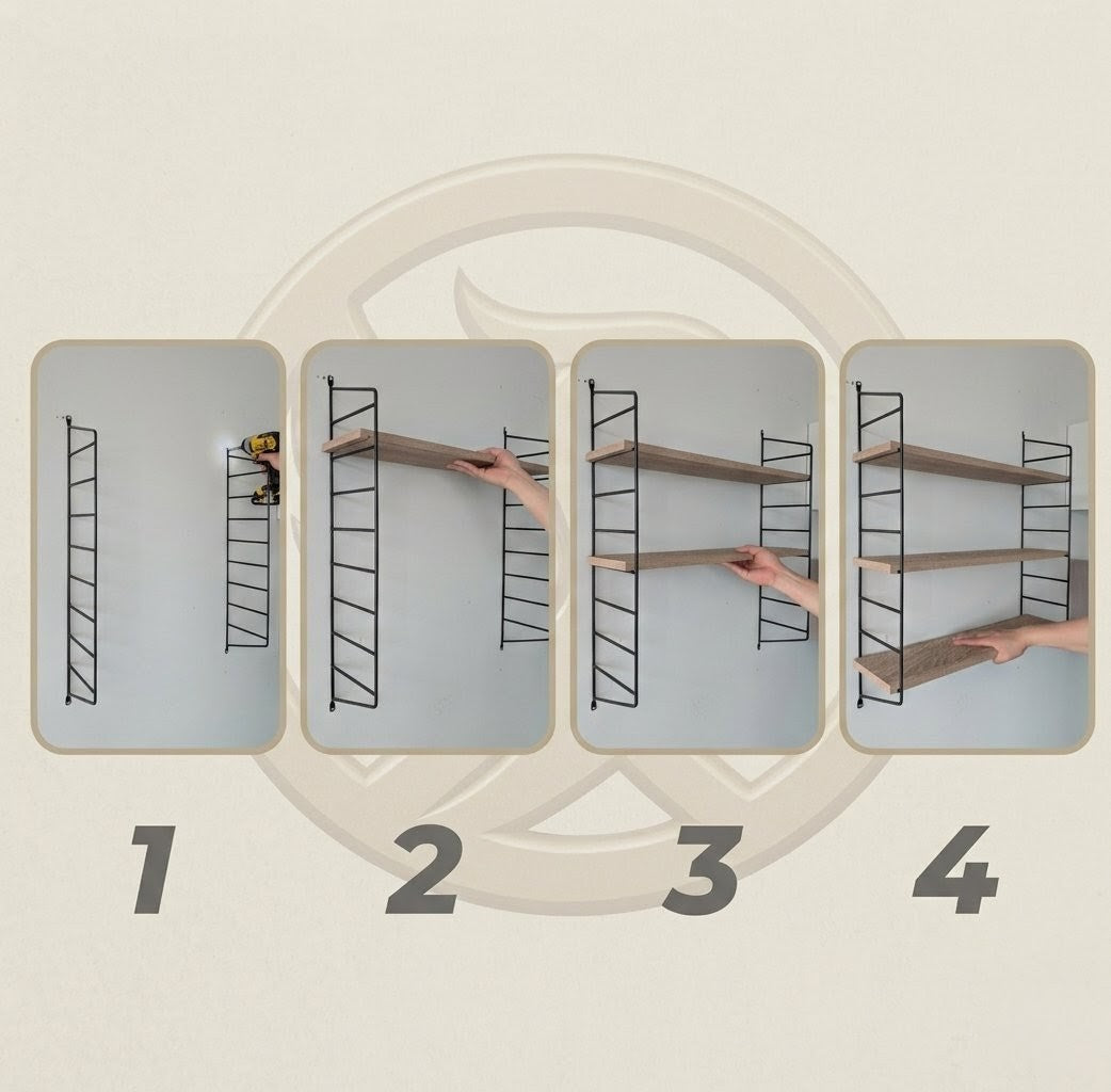 Step-by-step assembly of a wall-mounted shelf with numbered stages.
