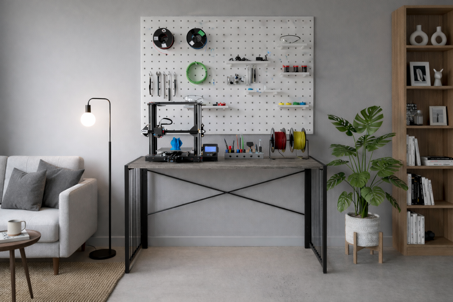 Modern home office with a desk, 3D printer, and various items on a pegboard wall.