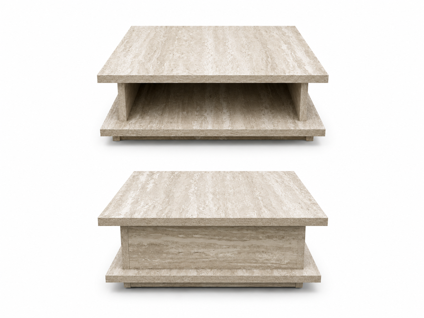 Two stone-patterned coffee tables on a white background (side view)