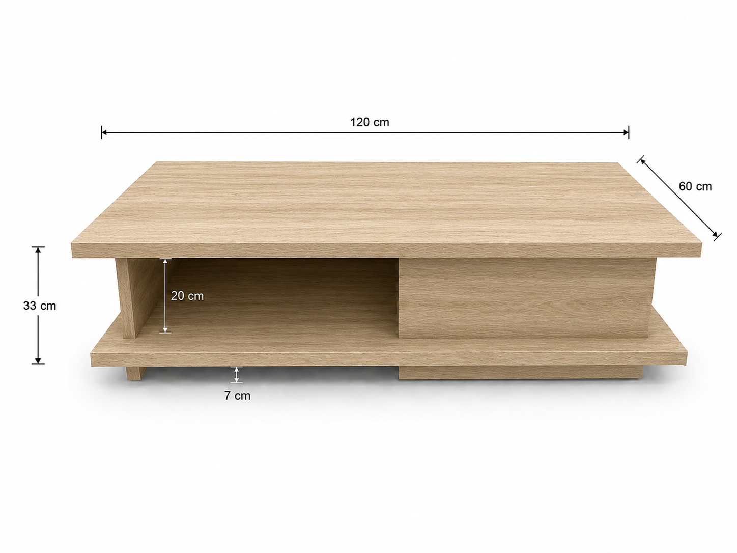 Wooden coffee table with dimensions labeled on a white background