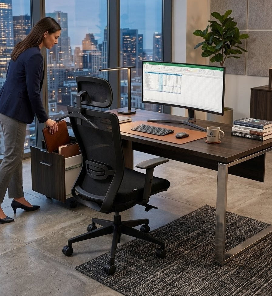 Person organizing items in a desk drawer with a cityscape view from large windows.