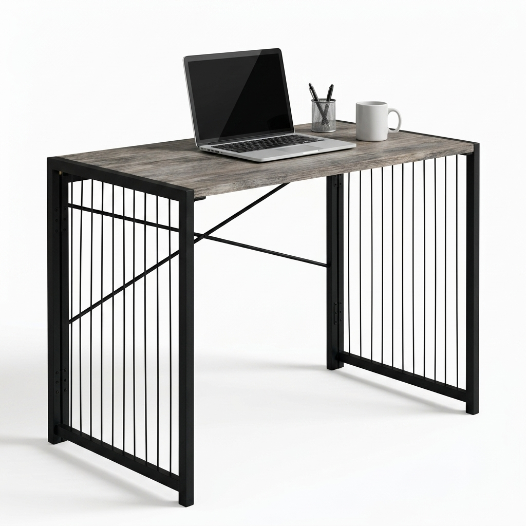 Wooden desk with metal frame and laptop on a white background