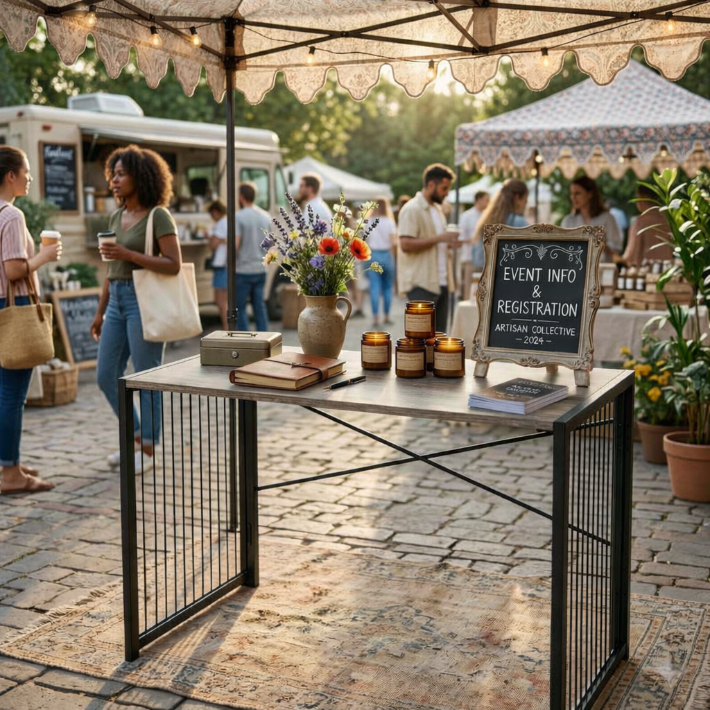 Outdoor event with people and a table with candles and a sign for event info.