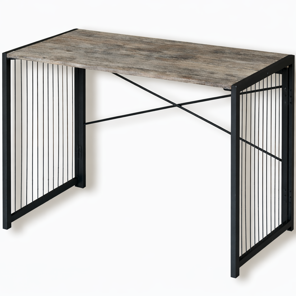 Wooden desk with metal frame on a white background