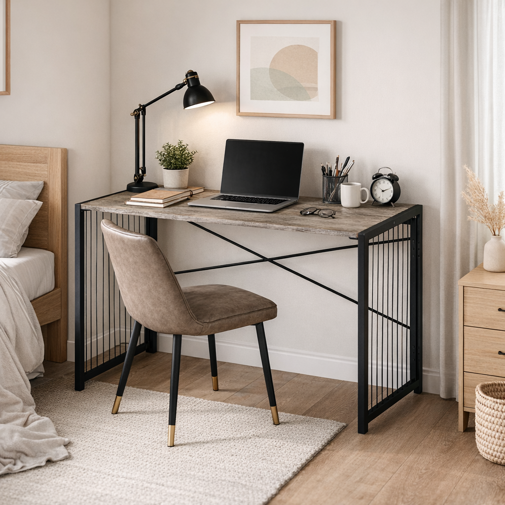 Modern bedroom with a desk, chair, and decor elements.