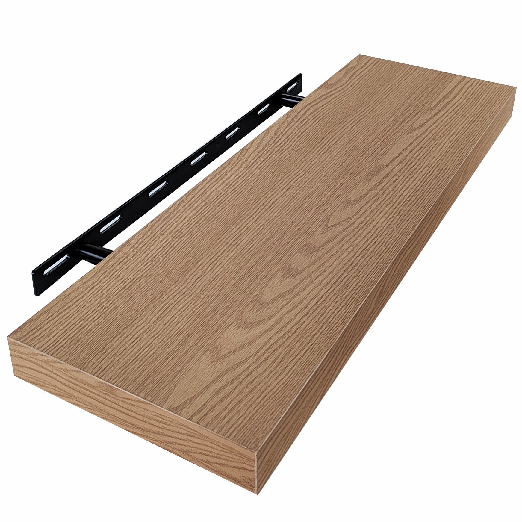 Wooden shelf with black bracket on a white background