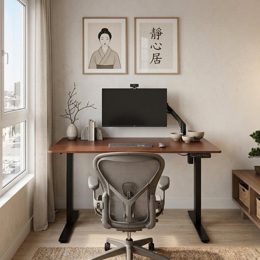 Modern home office with a desk, chair, and framed artwork on a wall.