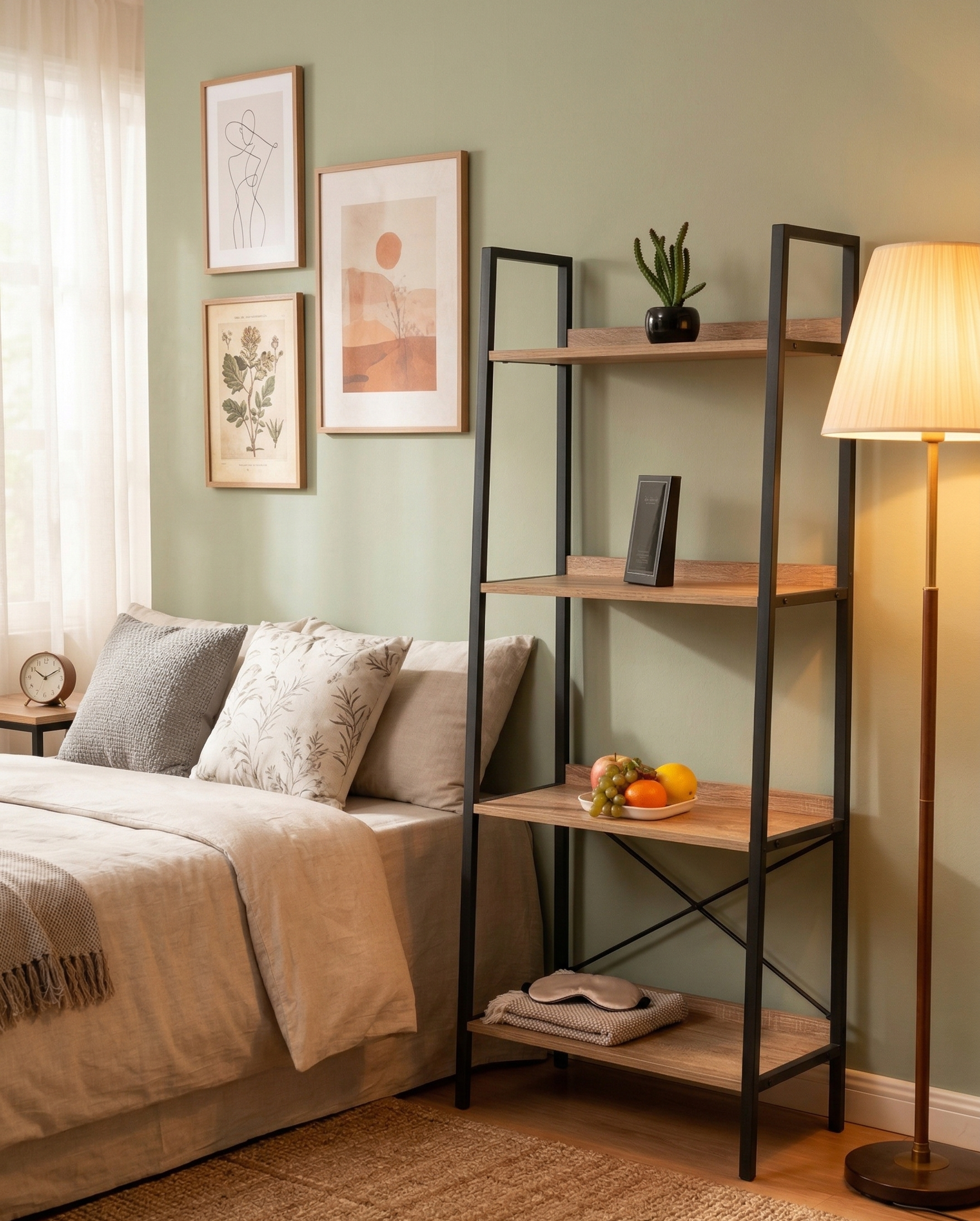 Nestled corner of a bedroom with a bed, bookshelf, and lamp.