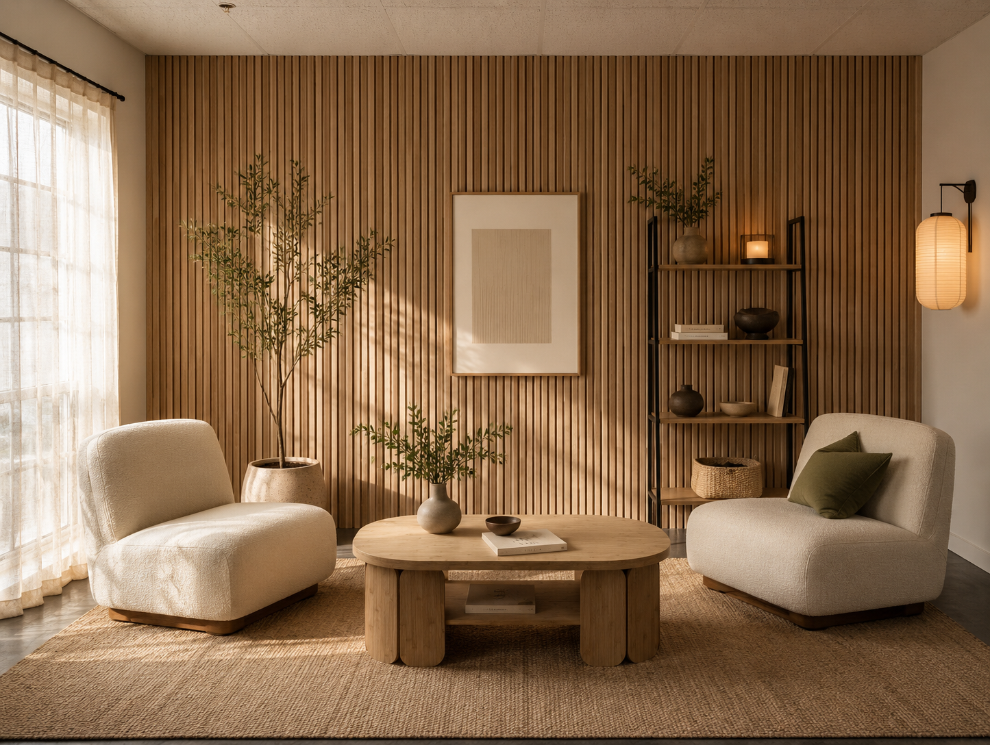 Modern living room with beige chairs, wooden coffee table, and striped wall.