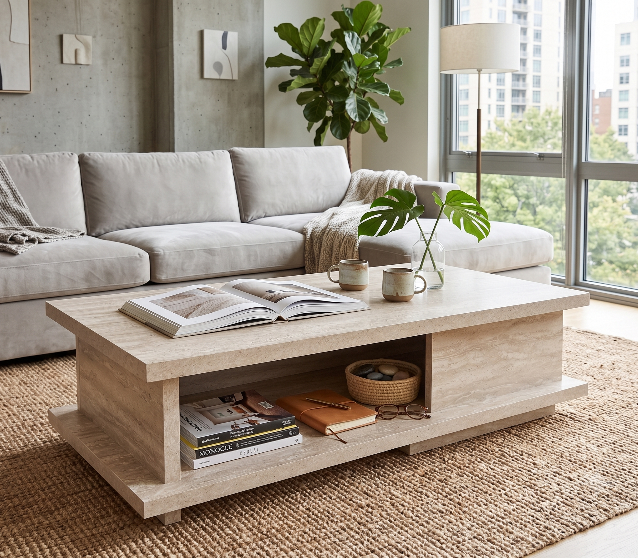 Zynix Rectangular Traverline Coffee Table with Storage Shelf