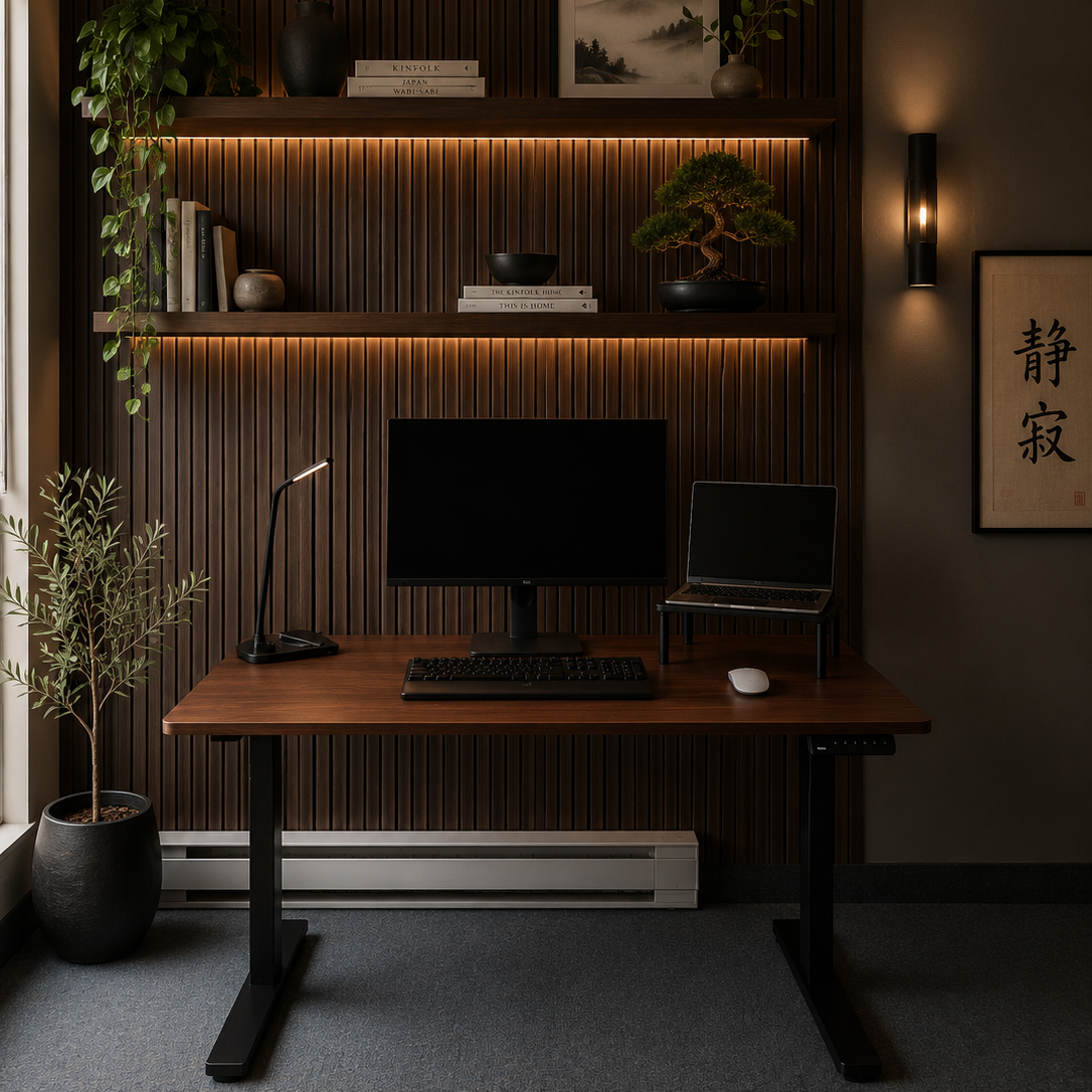 Modern home office with wooden desk, computer setup, and decorative elements.