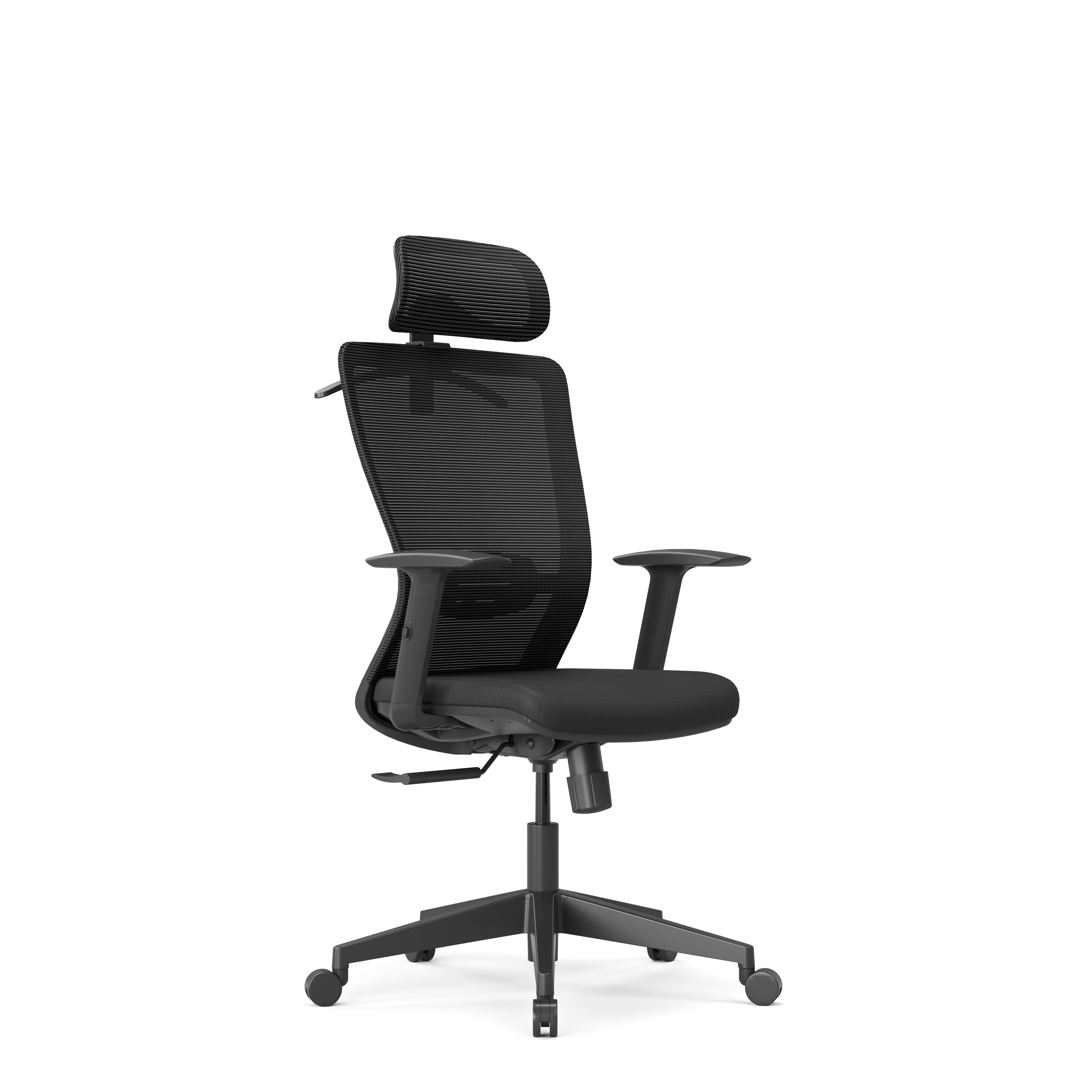 Black office chair with mesh backrest on a white background