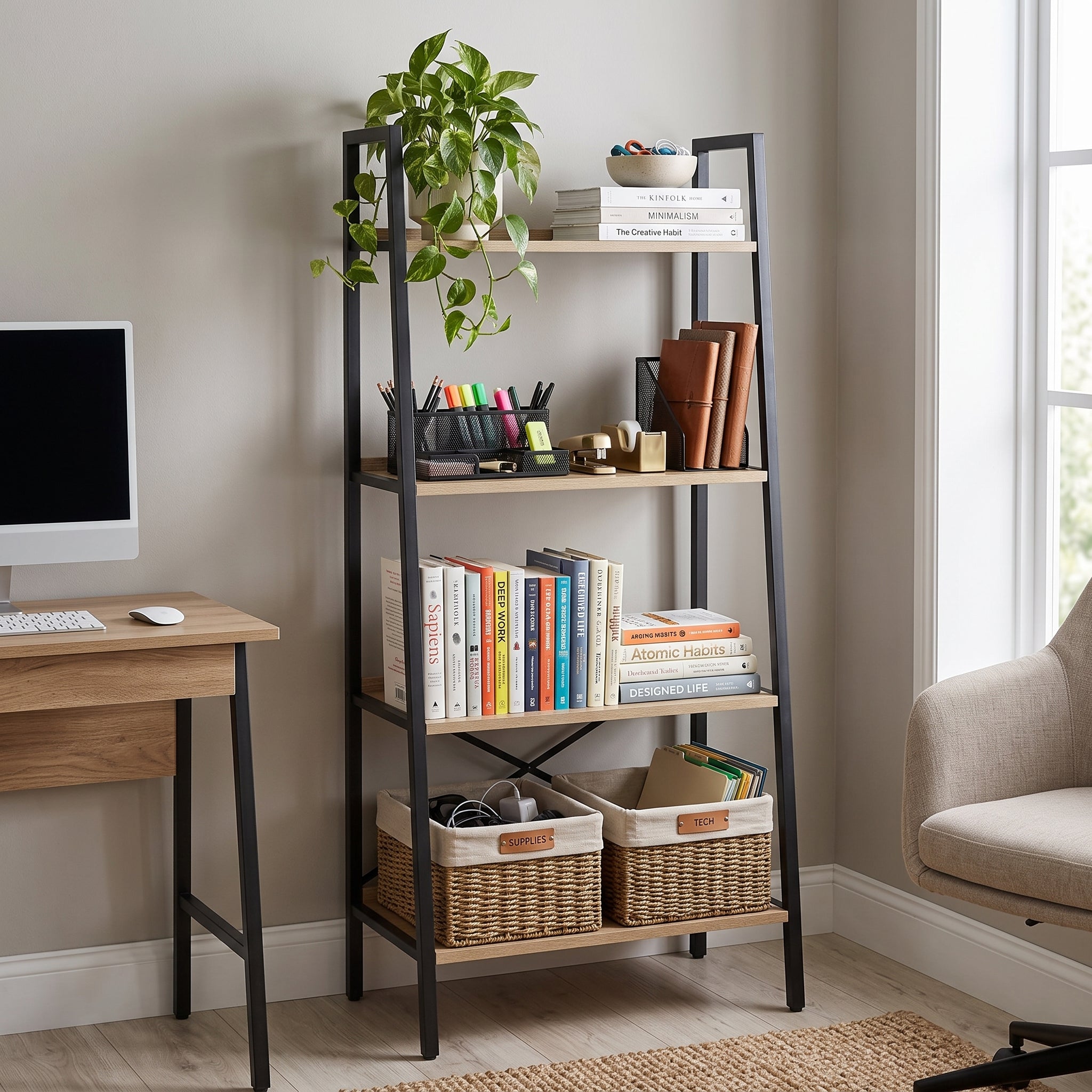 4-Tier Standing Ladder Shelf | Wood & Metal | Zynix