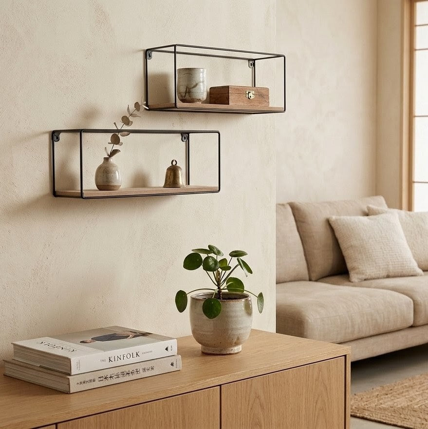 Modern living room with wall shelves, books, and a plant on a wooden table.