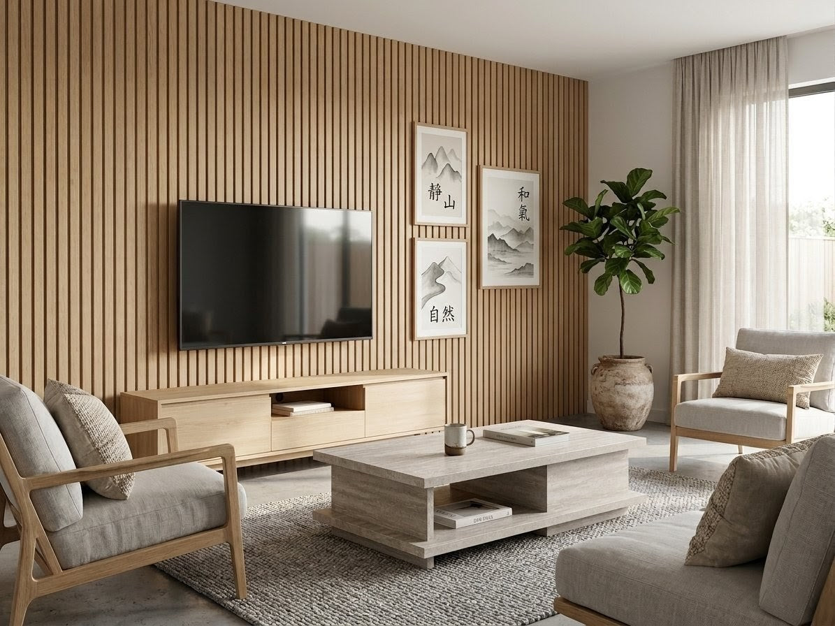 Modern living room with wooden furniture, TV, and decorative elements.
