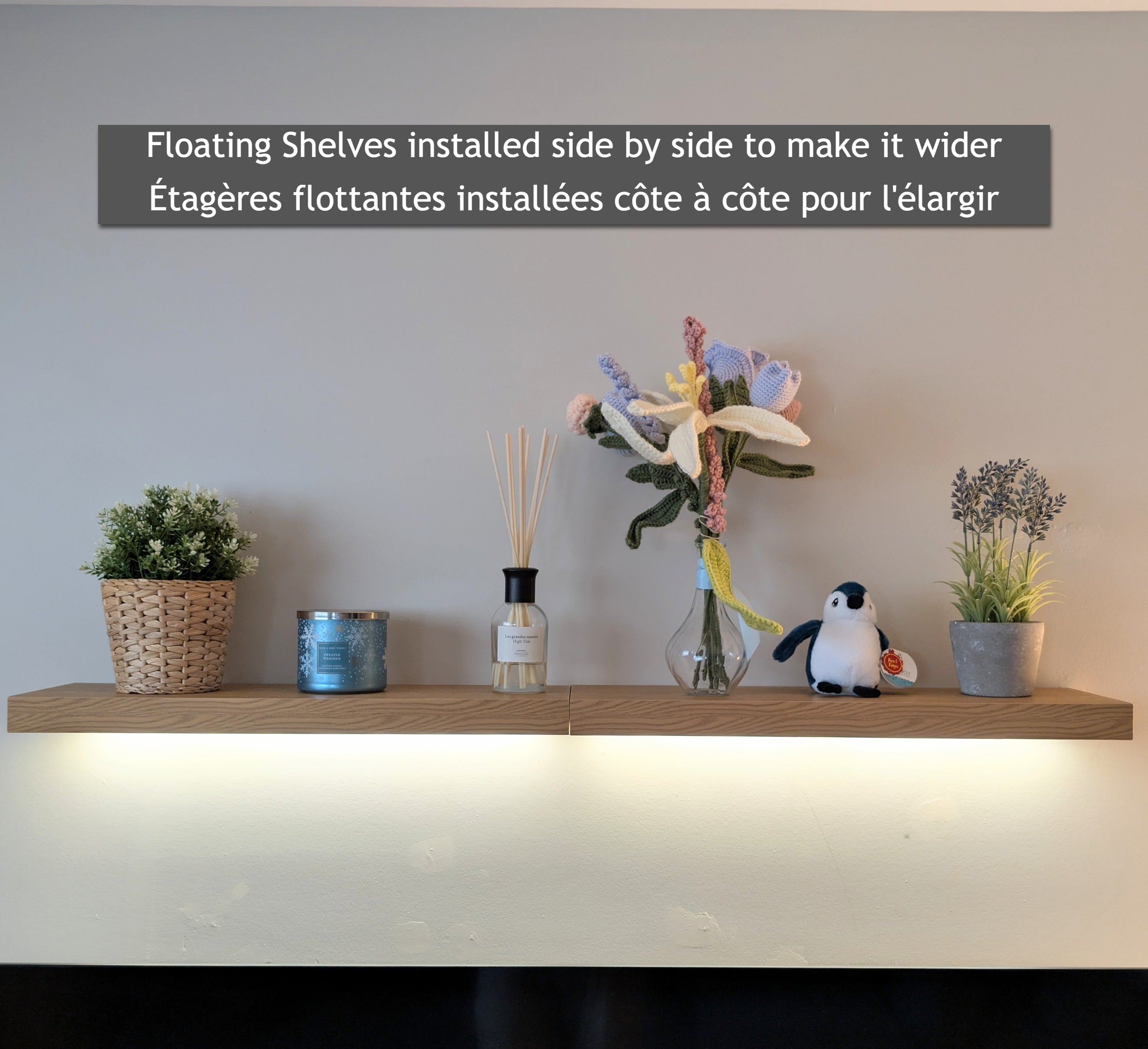 Zynix Floating Wall Shelf 60cm wide, LED Light, Yellow Oak