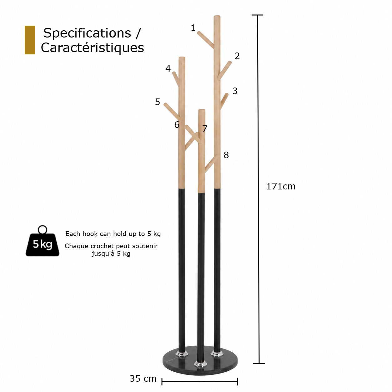 Porte-manteau Zynix sur pied en bois de hêtre avec base en marbre noir
