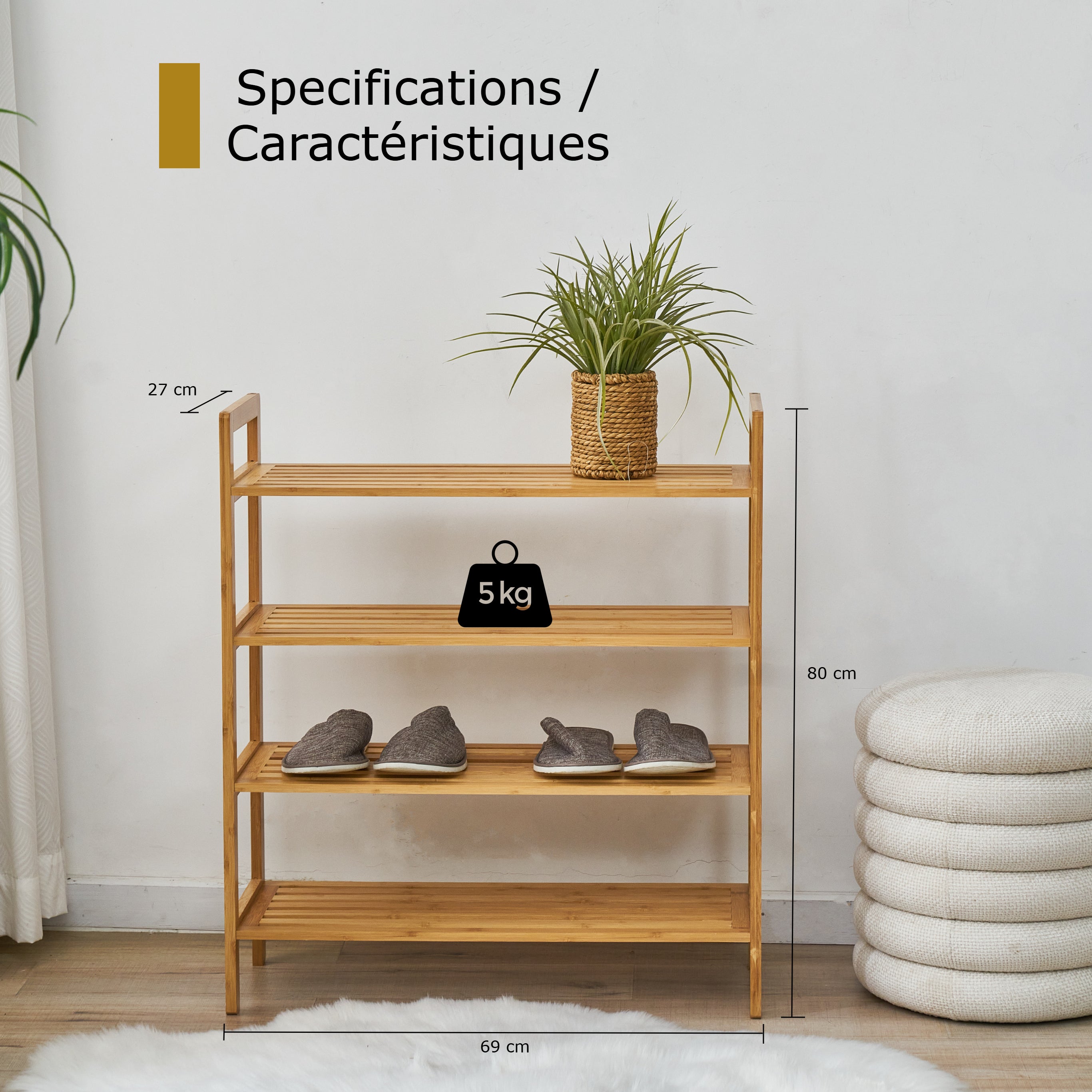 Zynix Natural Bamboo 4-Tier Shoe Rack