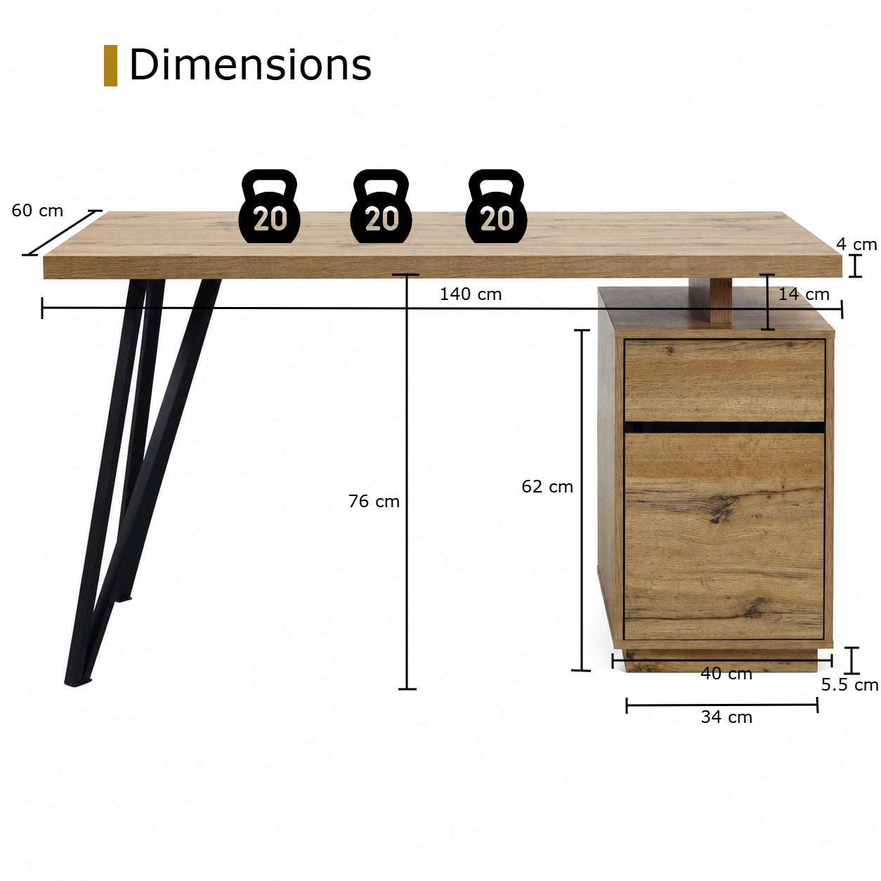 Zynix Oak Woodgrain Computer Desk with 2-Drawer Cabinet