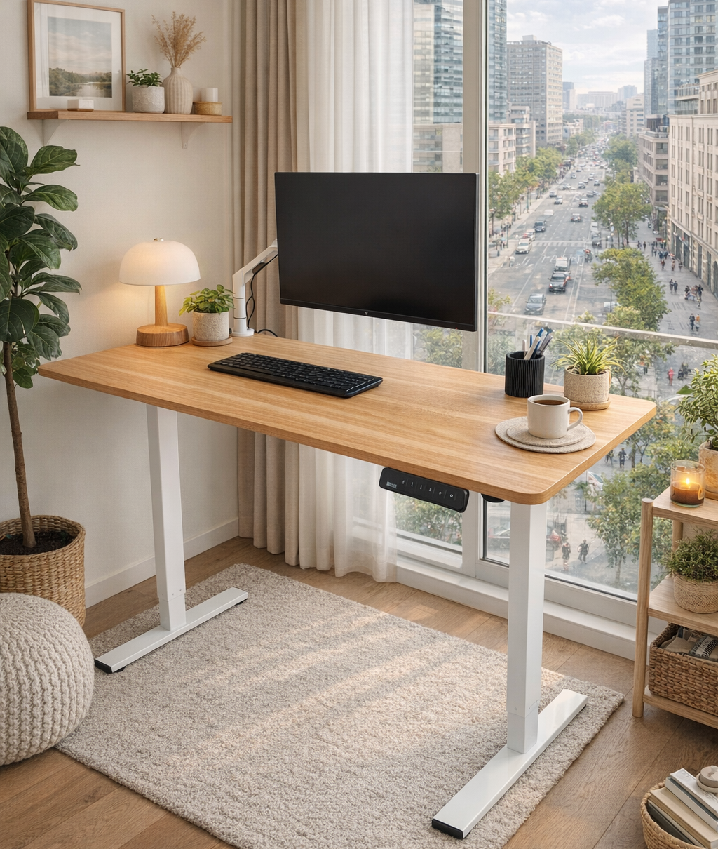 Wooden desk with a computer setup in a room with large windows overlooking a city street.