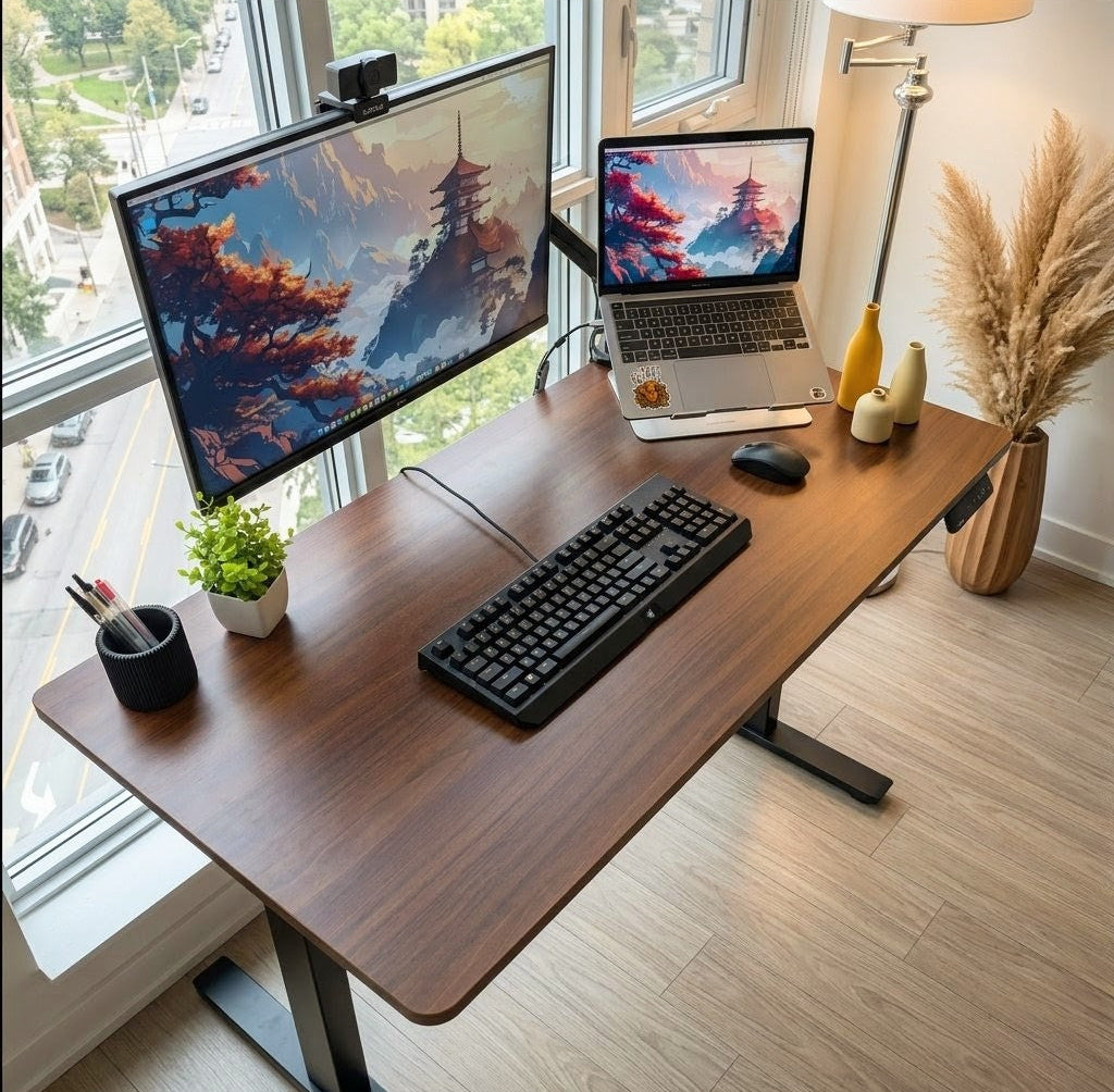 Wooden desk with computer setup in a bright room with large windows.