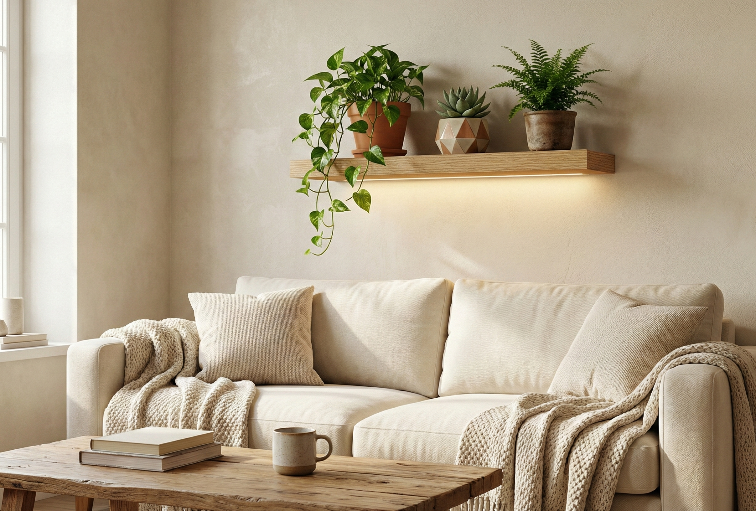 Cozy living room with a beige sofa, wooden coffee table, and plants on a shelf.