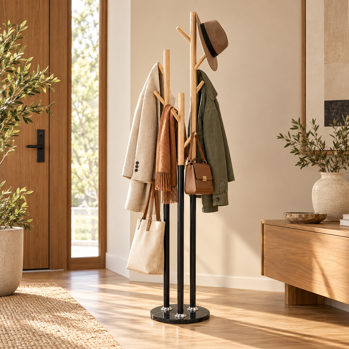 A freestanding coat rack with a black metal frame and natural wood poles, shown in a bright entryway. The rack holds a beige coat, a brown scarf, a green jacket, a brown hat, a tan handbag, and a cream tote bag.