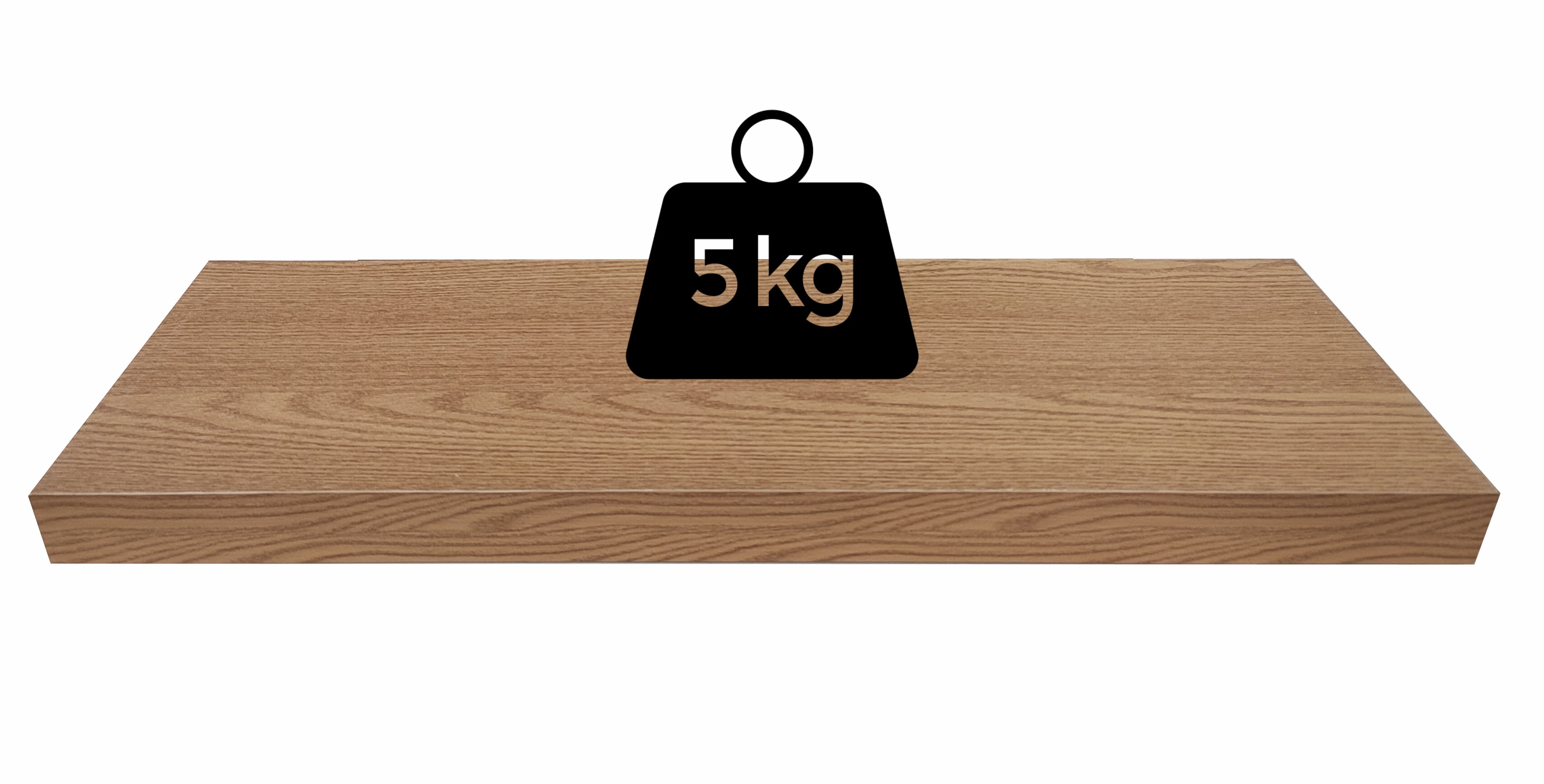 Wooden shelf with a black weight scale displaying 5 kg on a white background