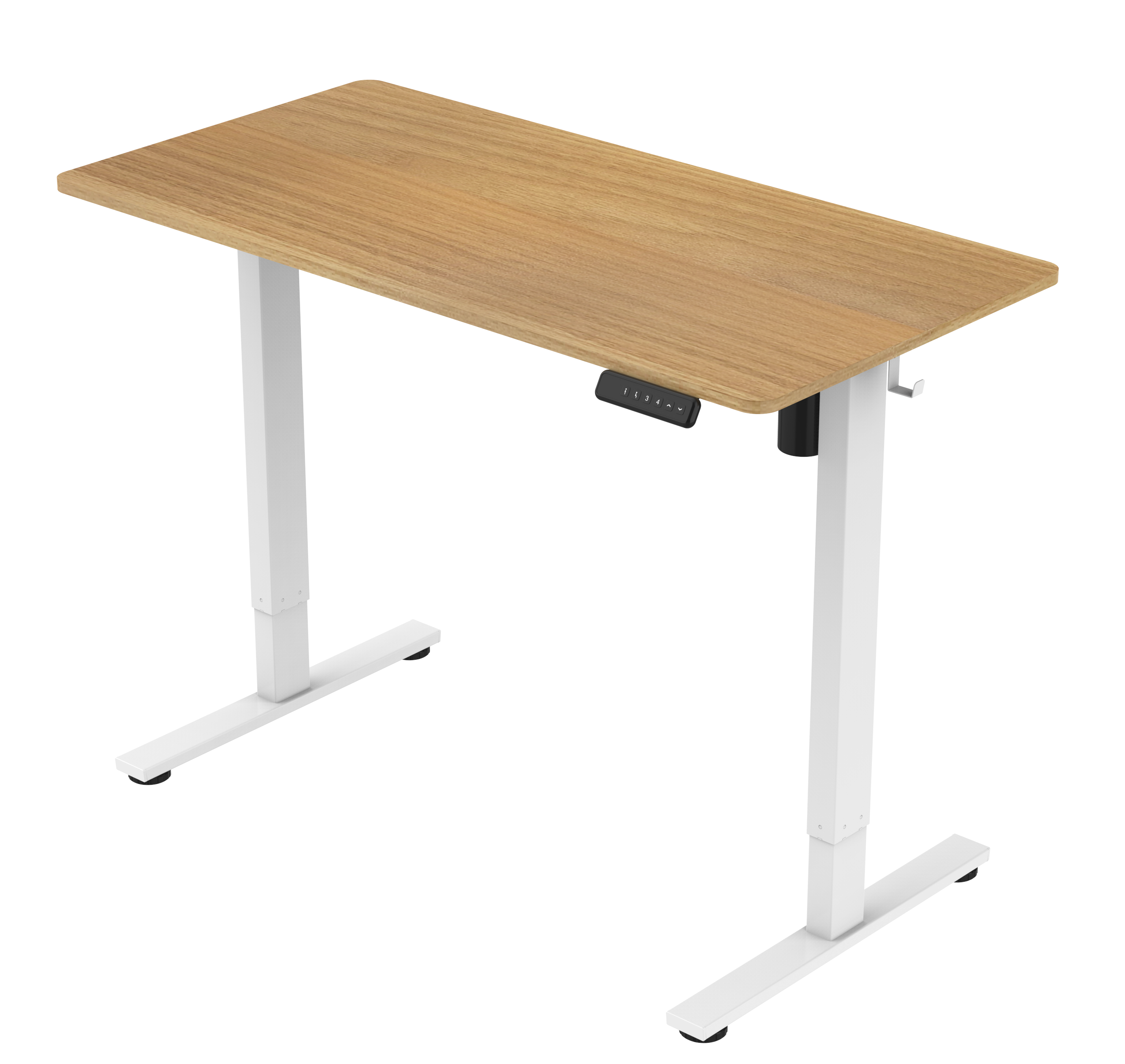 Wooden desk with white adjustable legs on a white background